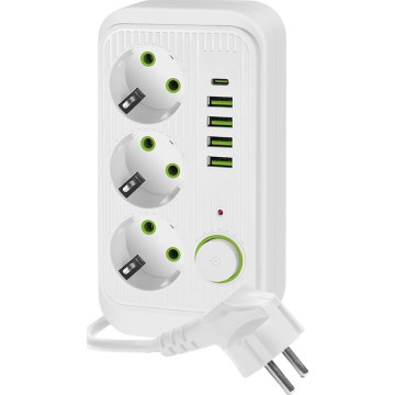 Tomada múltipla com interruptor LINEA 3x230V + 5xUSB A/C SCHUKO 5 m branca