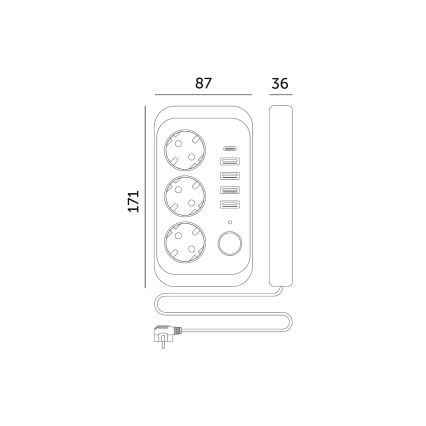 Tomada múltipla com interruptor LINEA 3x230V + 5xUSB A/C SCHUKO 3 m preta
