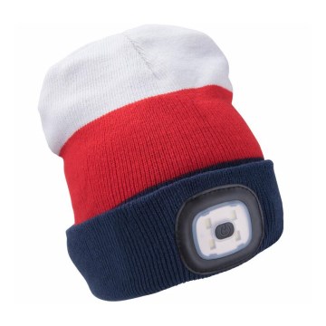 Touca com lanterna frontal recarregável por USB — bateria 300 mAh, branco/vermelho/azul, tamanho único