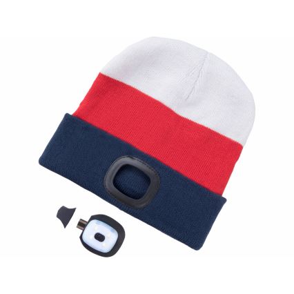 Touca com lanterna frontal recarregável por USB — bateria 300 mAh, branco/vermelho/azul, tamanho único
