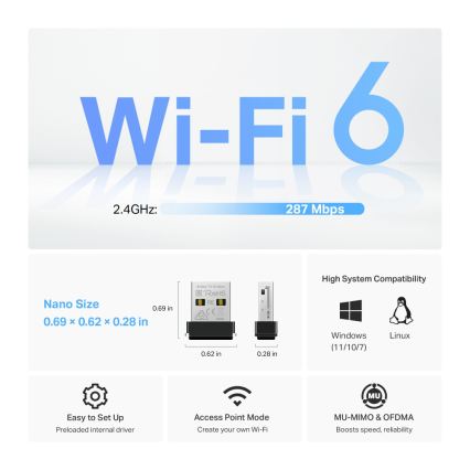 TP-Link - Adaptador USB nano Wi-Fi 6 sem fios Archer TX1U Nano