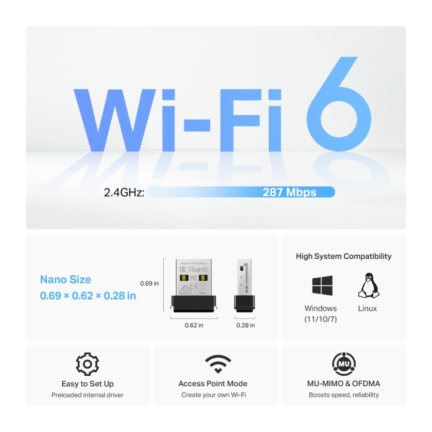 TP-Link - Adaptador USB nano Wi-Fi 6 sem fios Archer TX1U Nano