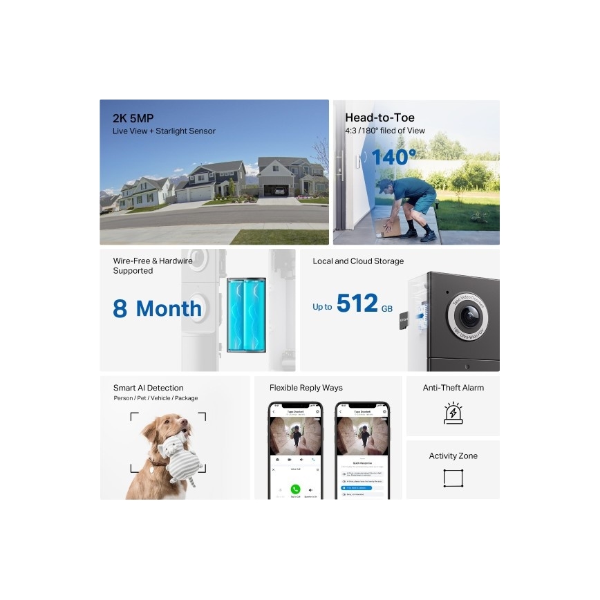 TP-Link - Campainha inteligente com vídeo e sensor 2K, bateria de 10000 mAh, IP66, Wi‑Fi