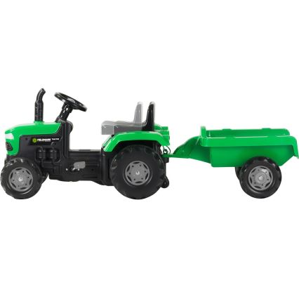 Trator a pedal com um carrinho preto/verde