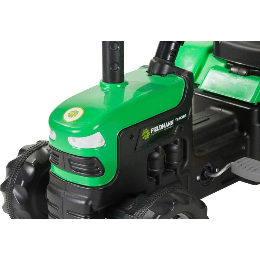 Trator a pedal com um carrinho preto/verde