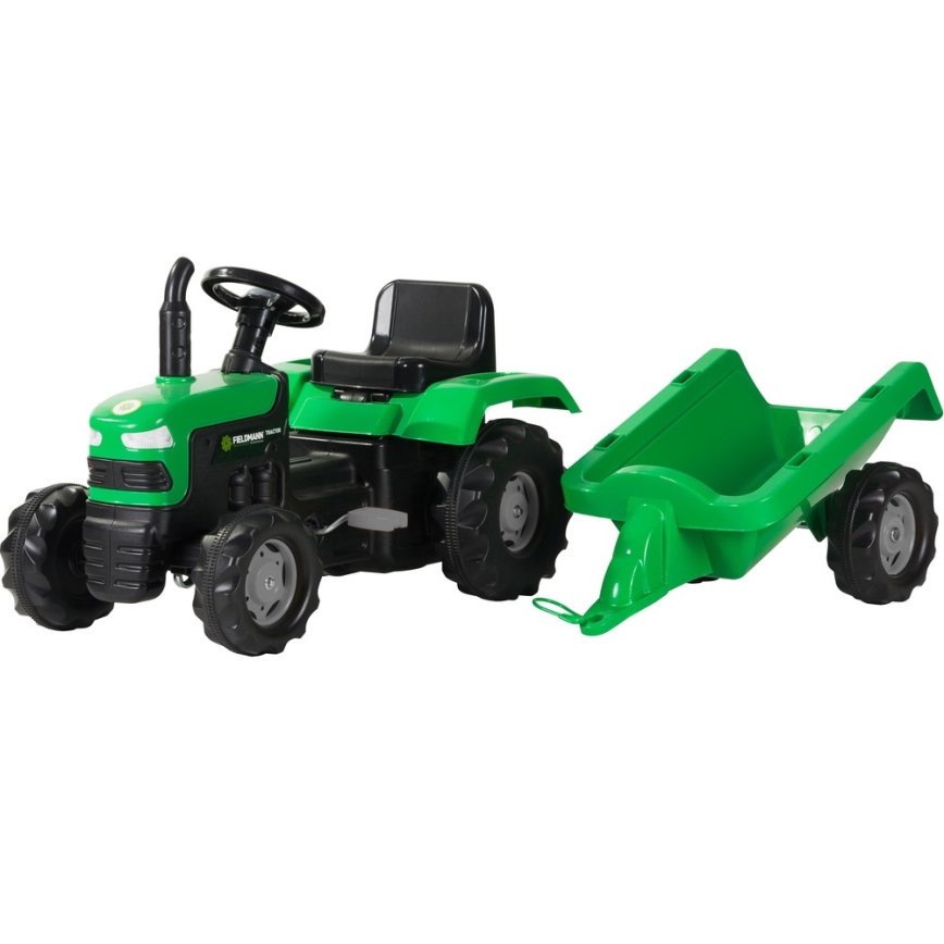 Trator a pedal com um carrinho preto/verde