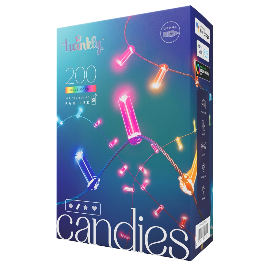 Twinkly - Luzes de Natal LED RGB reguláveis CANDIES 200 LEDs 14 m USB Wi-Fi