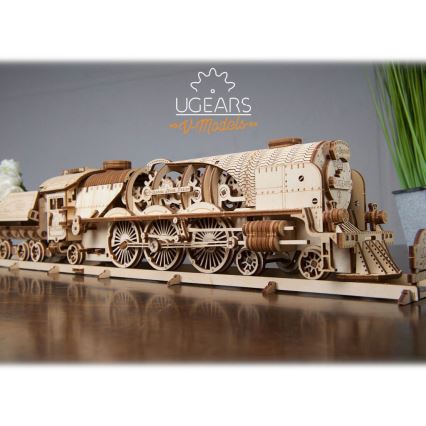 Ugears - 3D puzzle mecânico de madeira V-Express locomotiva a vapor com vagão
