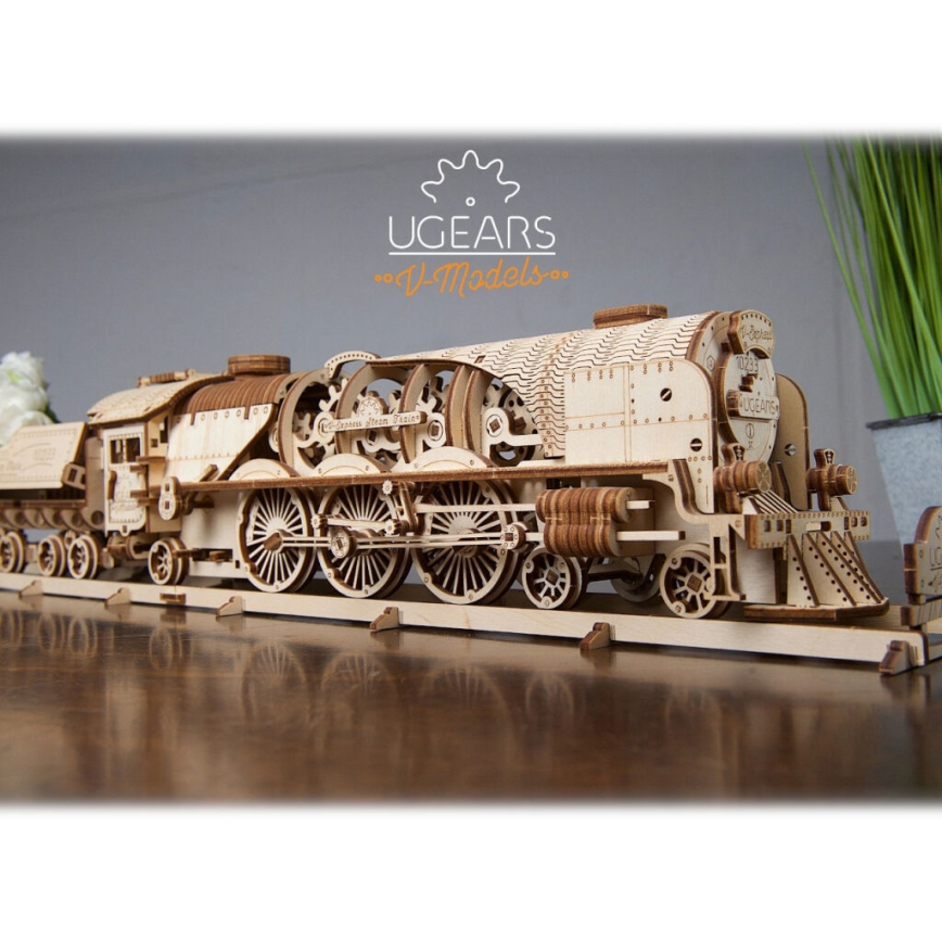 Ugears - 3D puzzle mecânico de madeira V-Express locomotiva a vapor com vagão