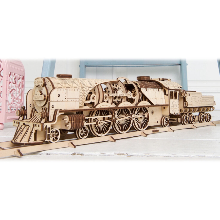 Ugears - 3D puzzle mecânico de madeira V-Express locomotiva a vapor com vagão