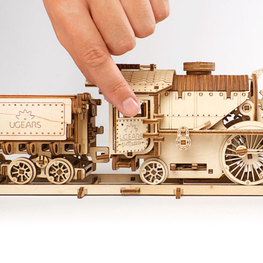 Ugears - 3D puzzle mecânico de madeira V-Express locomotiva a vapor com vagão