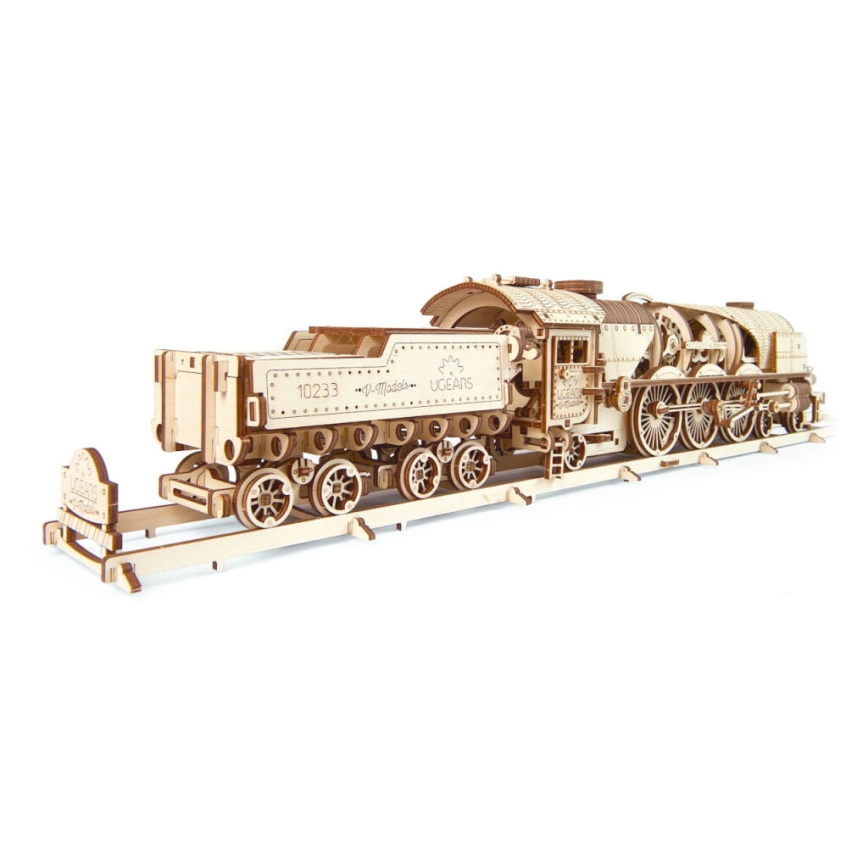Ugears - 3D puzzle mecânico de madeira V-Express locomotiva a vapor com vagão