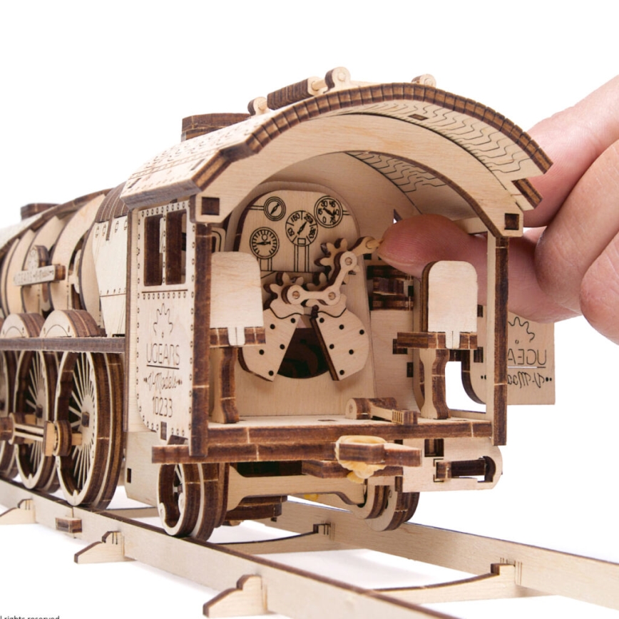 Ugears - 3D puzzle mecânico de madeira V-Express locomotiva a vapor com vagão