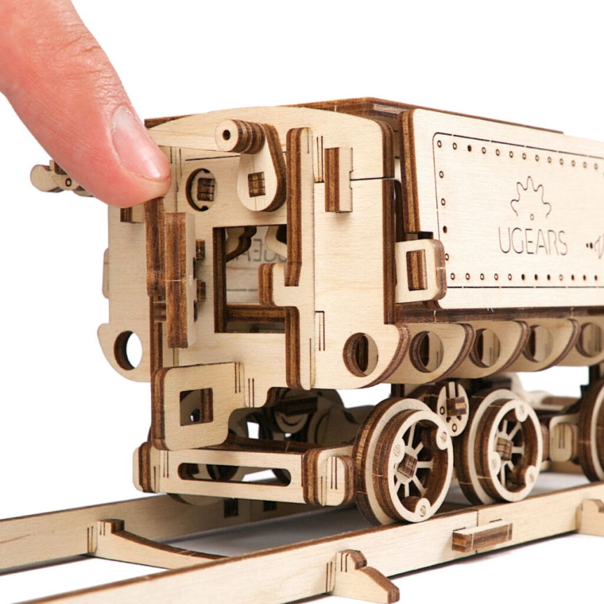 Ugears - 3D puzzle mecânico de madeira V-Express locomotiva a vapor com vagão