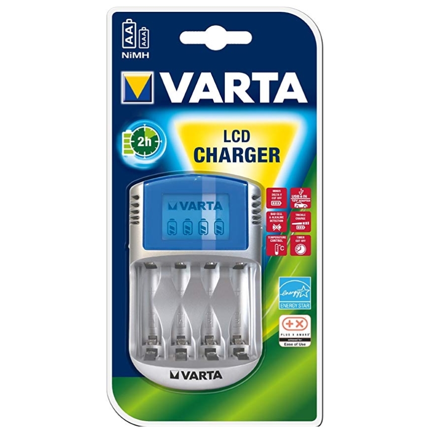 Varta 57070 - Carregador de pilhas LCD 4xAA/AAA 100-240V/12V/5V