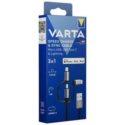 Varta 57937101111 - Cabo USB 3 em 1 com conector Lightning e Micro USB 2m