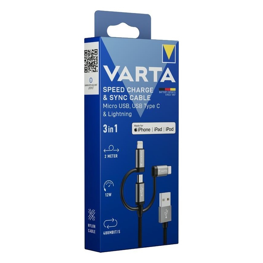 Varta 57937101111 - Cabo USB 3 em 1 com conector Lightning e Micro USB 2m