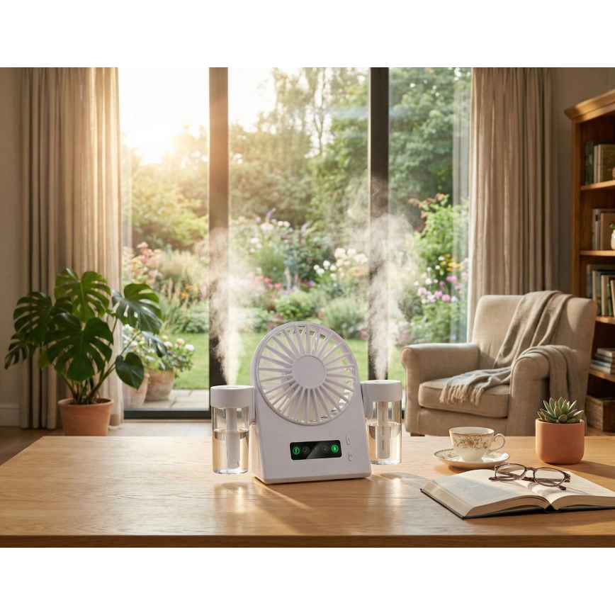 Ventilador de mesa recarregável com efeito de névoa 3,7 V 1200 mAh