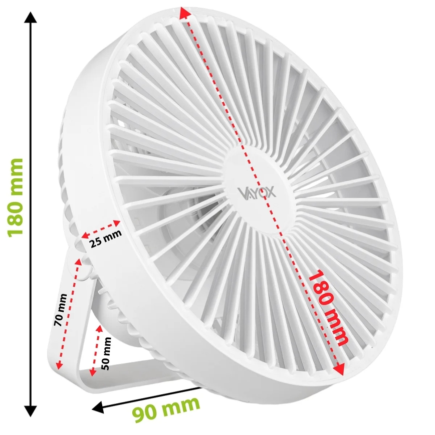 Ventilador de mesa recarregável com LED e iluminação LED/2W/5V USB 2400 mAh branco
