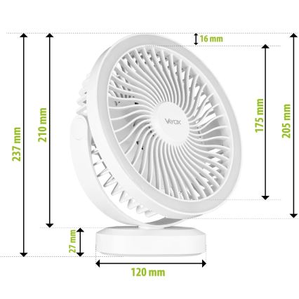 Ventilador de mesa recarregável com LED e iluminação LED/3W/5V USB 2400 mAh branco