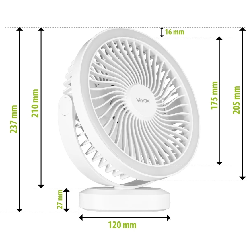 Ventilador de mesa recarregável com LED e iluminação LED/3W/5V USB 2400 mAh branco