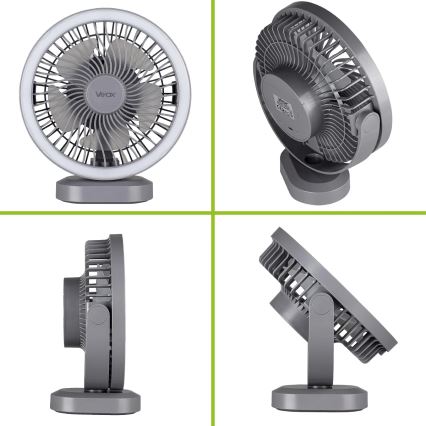 Ventilador de mesa recarregável com LED e iluminação LED/3W/5V USB 2400 mAh cinza