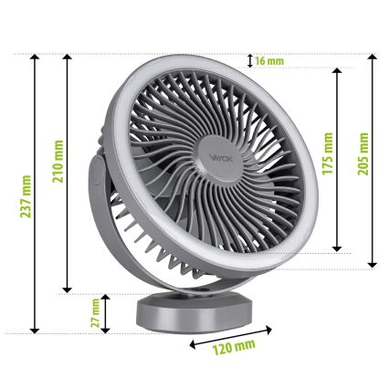 Ventilador de mesa recarregável com LED e iluminação LED/3W/5V USB 2400 mAh cinza
