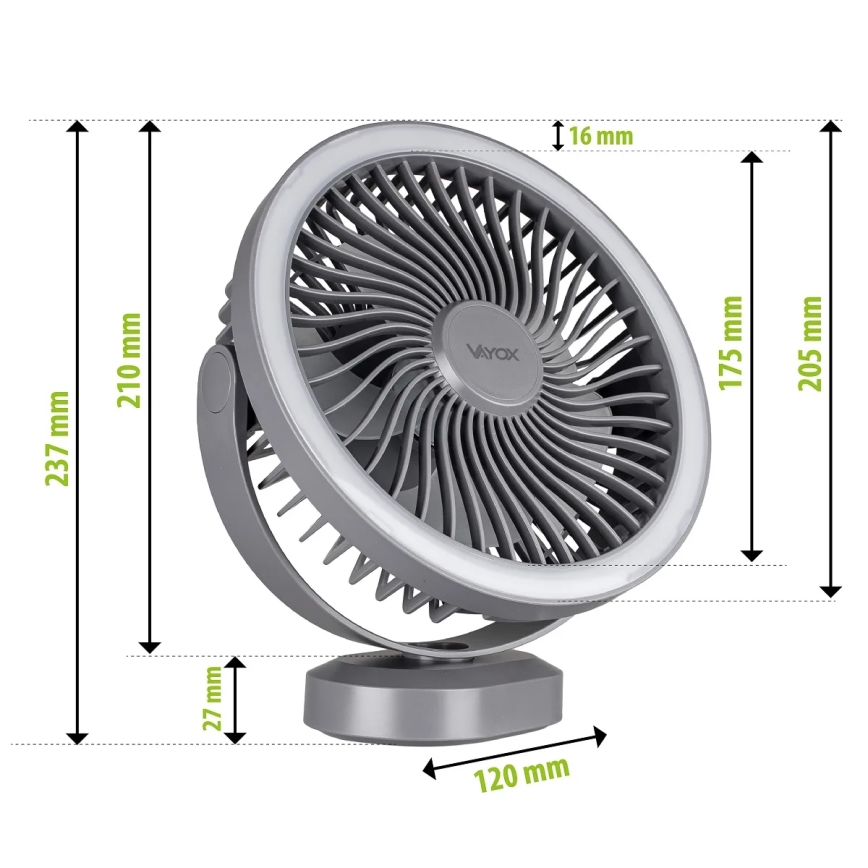 Ventilador de mesa recarregável com LED e iluminação LED/3W/5V USB 2400 mAh cinza