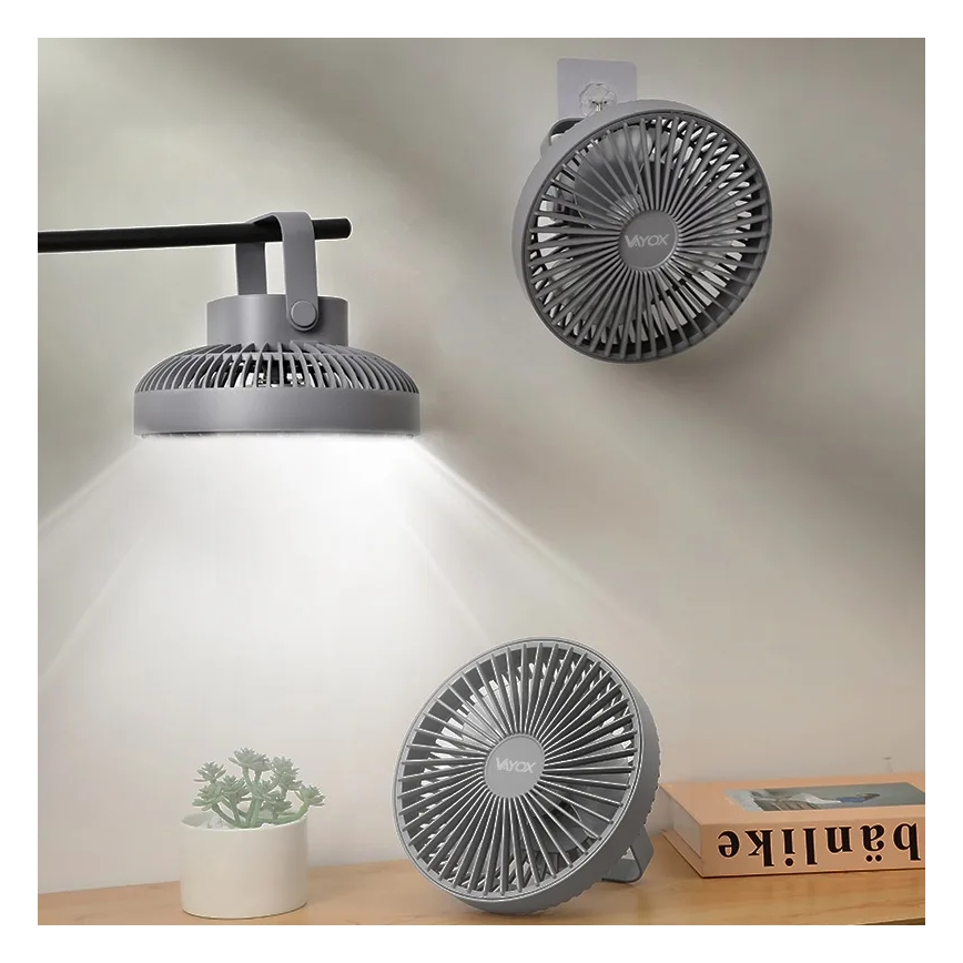 Ventoinha de mesa LED com iluminação LED/2W/5V USB 2400 mAh cinzento