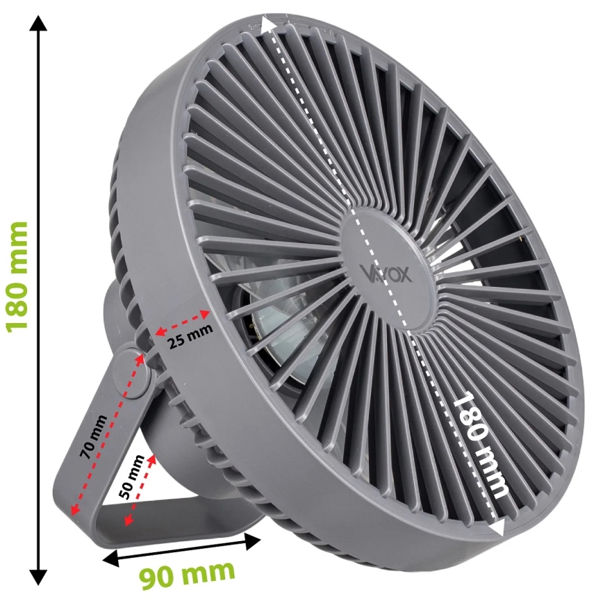 Ventoinha de mesa LED com iluminação LED/2W/5V USB 2400 mAh cinzento