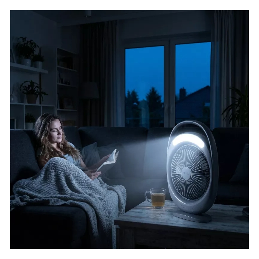 Ventoinha de secretária recarregável com iluminação LED LED/2,8W/5V USB 2400 mAh cinzento