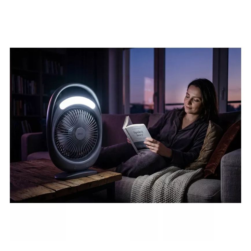 Ventoinha de secretária recarregável com iluminação LED LED/2,8W/5V USB 2400 mAh cinzento