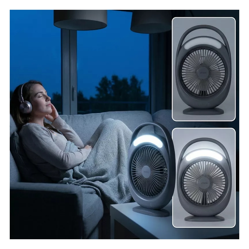 Ventoinha de secretária recarregável com iluminação LED LED/2,8W/5V USB 2400 mAh cinzento