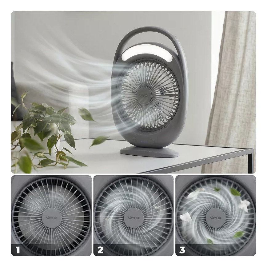 Ventoinha de secretária recarregável com iluminação LED LED/2,8W/5V USB 2400 mAh cinzento