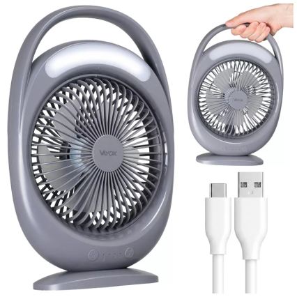 Ventoinha de secretária recarregável com iluminação LED LED/2,8W/5V USB 2400 mAh cinzento