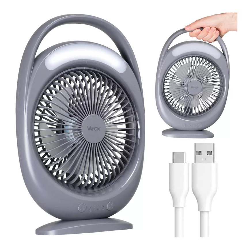Ventoinha de secretária recarregável com iluminação LED LED/2,8W/5V USB 2400 mAh cinzento