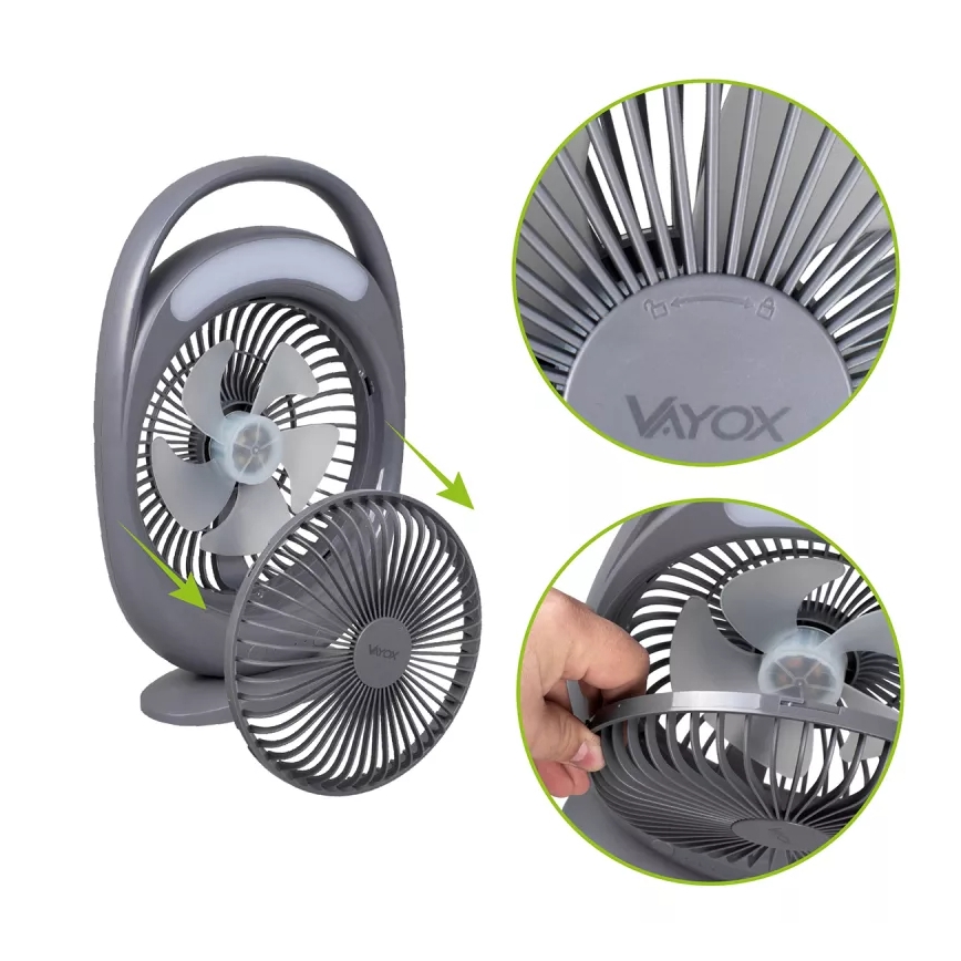 Ventoinha de secretária recarregável com iluminação LED LED/2,8W/5V USB 2400 mAh cinzento