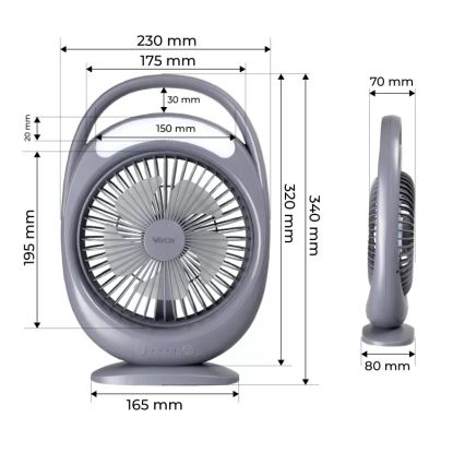 Ventoinha de secretária recarregável com iluminação LED LED/2,8W/5V USB 2400 mAh cinzento