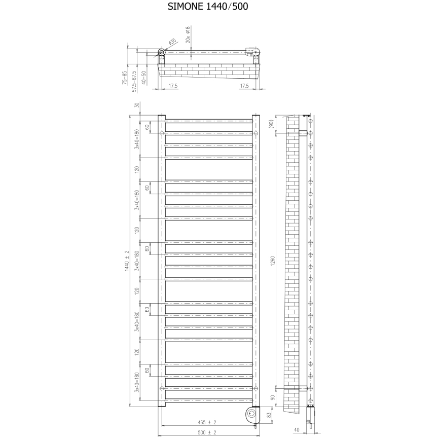 Vertaduro - Radiador de casa de banho com termóstato SIMONE 600 W 144 x 50 cm branco