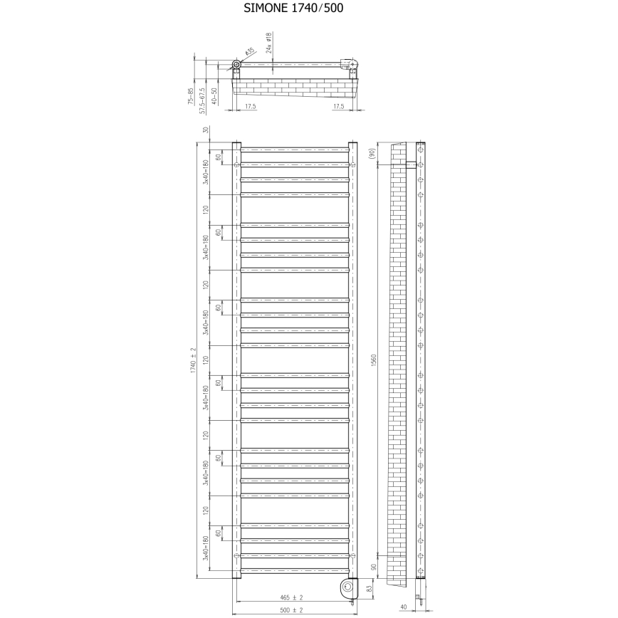 Vertaduro - Radiador para banheiro com termostato SIMONE 600W 174x50 cm branco