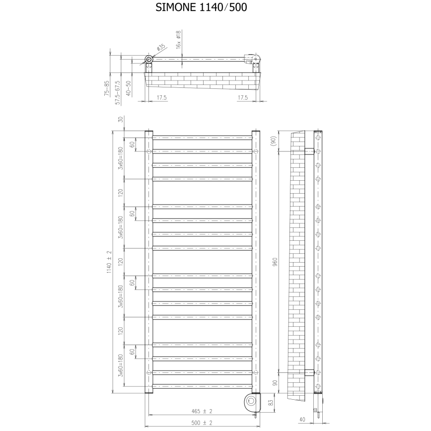 Vertaduro - Radiador para casa de banho SIMONE com termostato 400W 114x50 cm preto