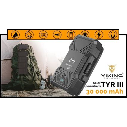 Viking - Power Bank com lanterna LED, carregamento sem fios e painel solar Power Delivery 22,5W/30000 mAh