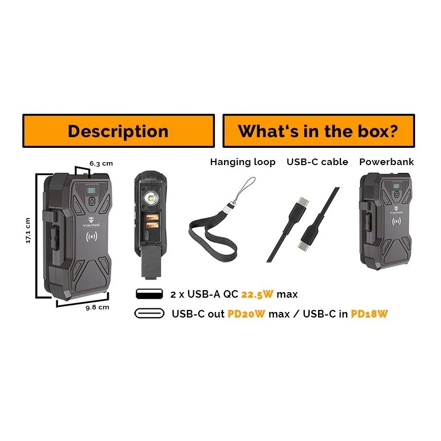 Viking - Power Bank com lanterna LED, carregamento sem fios e painel solar Power Delivery 22,5W/30000 mAh