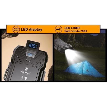 Viking - Power Bank com lanterna LED, carregamento sem fios e painel solar Power Delivery 22,5W/30000 mAh