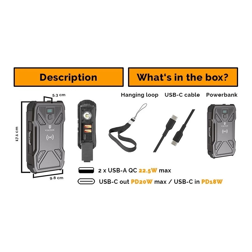 Viking - Powerbank com lanterna LED, carregamento sem fios e painel solar Power Delivery 22,5 W/20000 mAh