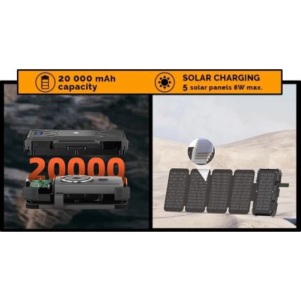 Viking - Powerbank com lanterna LED, carregamento sem fios e painel solar Power Delivery 22,5 W/20000 mAh