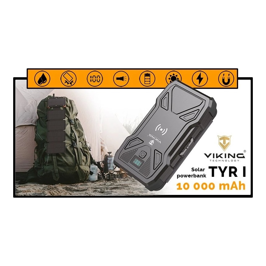 Viking - Power Bank com lanterna LED, carregamento sem fios e painel solar Power Delivery 22,5W/10000 mAh