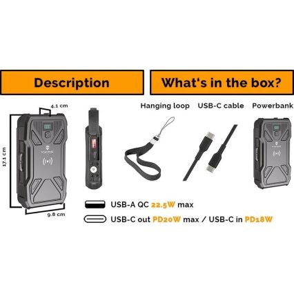 Viking - Power Bank com lanterna LED, carregamento sem fios e painel solar Power Delivery 22,5W/10000 mAh