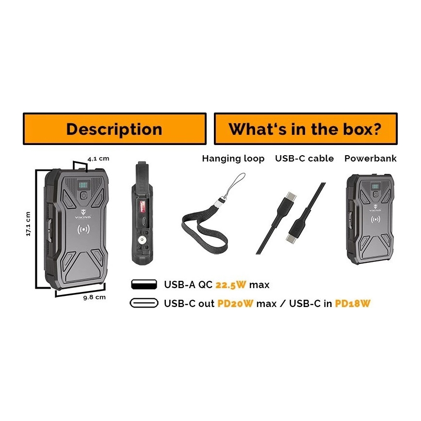 Viking - Power Bank com lanterna LED, carregamento sem fios e painel solar Power Delivery 22,5W/10000 mAh