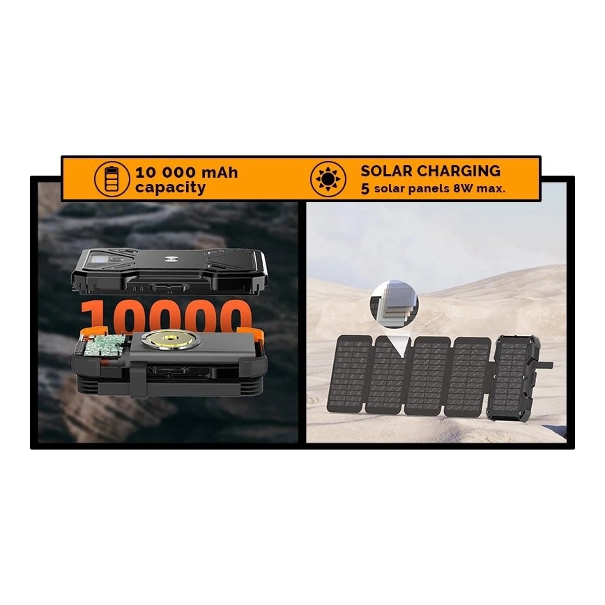 Viking - Power Bank com lanterna LED, carregamento sem fios e painel solar Power Delivery 22,5W/10000 mAh